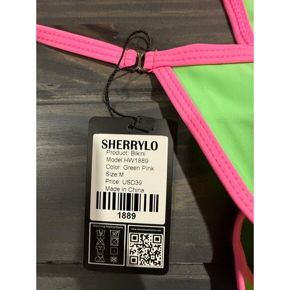 Neon Green & Pink Sherrylo Bikini Set Halter Top & Adjustable Bottom Size M - Picture 4 of 5